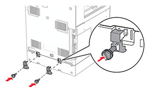 The 550-sheet tray and the printer are secured using brackets and screws.