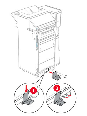 The metal bracket is attached to the base of the booklet finisher, and then secured with screws.