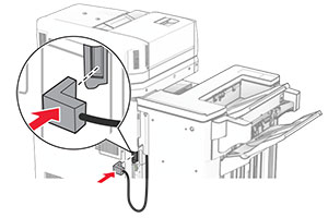 The booklet finisher cable is being connected to the printer.