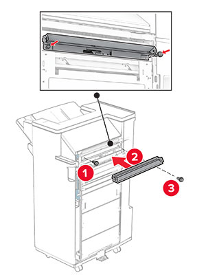 The feed guide is attached to the booklet finisher, and then secured with screws.