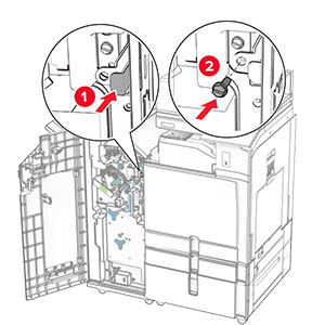 The booklet finisher lock is pushed into the finisher, and then secured with a screw.
