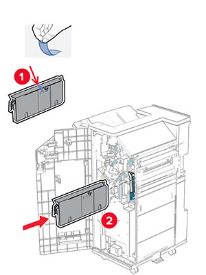 The hole punch box has its packing material removed, and then inserted into the booklet finisher.