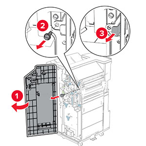 The finisher door is opened, and then the finisher is unlocked by removing the screw.