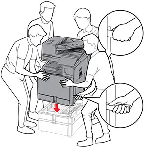 The printer is aligned, and then lowered into the optional tray.