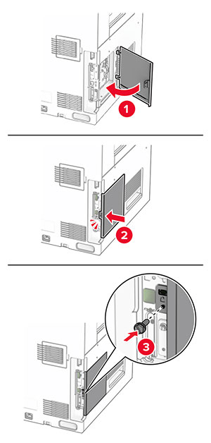 The door at the right side of the printer is closed, and then secured with a screw.