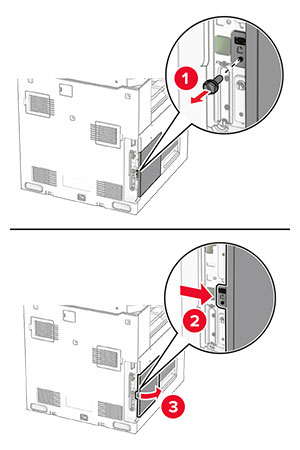 The screw is removed and the controller board access cover is opened.