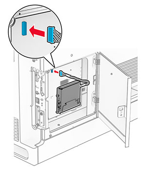 The connector cable is inserted to its port on the controller board.