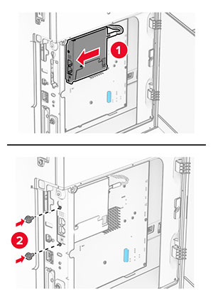The fax card is installed to the printer, and then secured with screws.