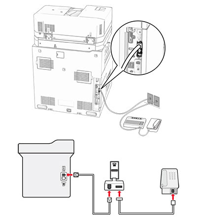 The printer is connected to a non-RJ11 fax line using an RJ11 adapter plug.