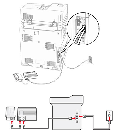 A printer is connected to an answering machine, and both are using the same wall jack.