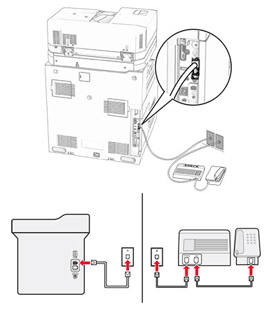 A printer is connected to an answering machine, and they are using different wall jacks.