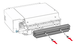 The feed guide is aligned to the staple finisher, and then secured with screws.
