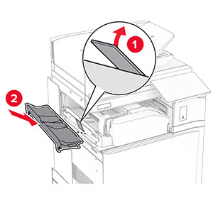 The bin flap is raised, and then the cover is attached to the paper transport with folding option.