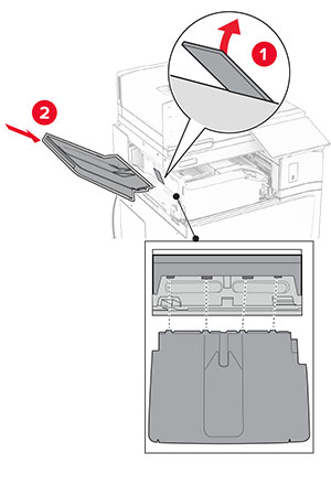 The bin flap is raised, and then the option bin is attached to the paper transport with folding option.