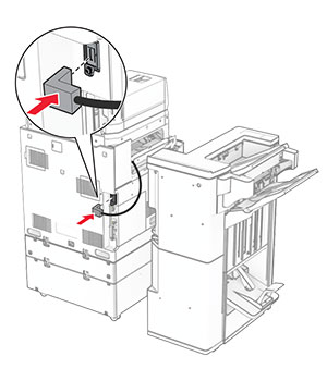 The paper transport with folding option cable is connected to the printer.