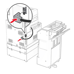 The paper transport with folding option cable is connected to the printer.