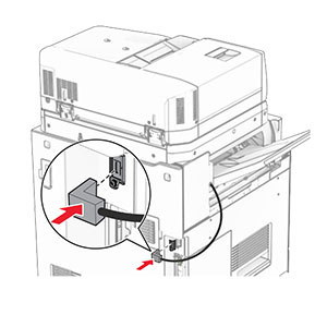 The paper transport with folding option cable is connected to the printer.