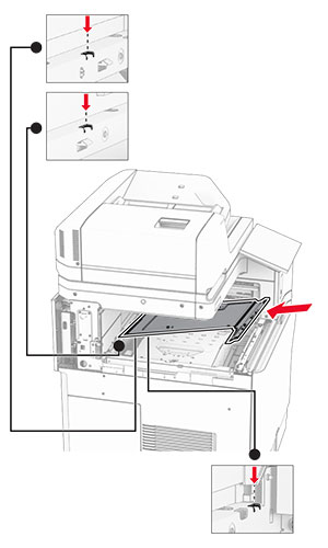 The inner bin cover is aligned, and then inserted into the printer.