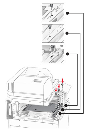 The screws are aligned, and then installed into the inner bin cover.