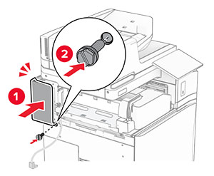 The left rear cover is attached to the printer, and then secured with a screw.