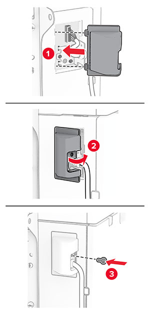 The tray cable cover is attached, and secured with a screw.
