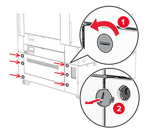 The screws are turned counterclockwise, and then removed from the printer.
