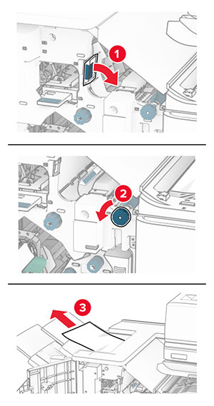 Knob R5 in the finisher is turned, and then jammed paper is removed from the finisher top bin.