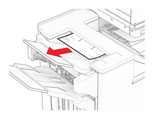 Jammed paper is removed from the finisher top bin.