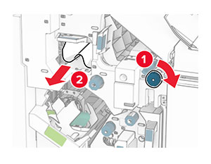Knob R2 in the finisher is turned to the right, and then jammed paper is removed from inside handle R4.