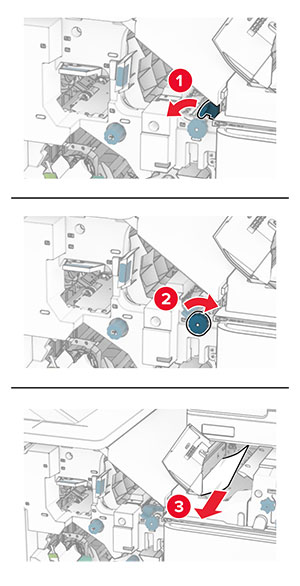 The handle and the knob are moved and turned, and then the jammed paper is removed between doors N4 and N5.