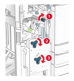 Knobs R6, R11, and R10 inside the booklet finisher are turned to the right.