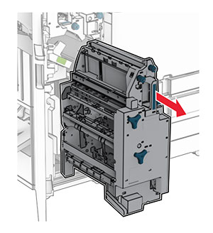 Handle R7 is grasped, and then the booklet maker is pulled out of the finisher.