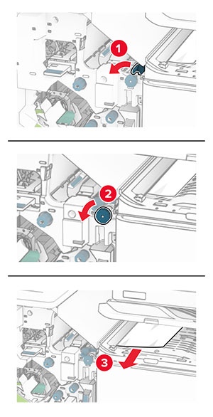 The handle and the knob are moved and turned, and then jammed paper is removed.