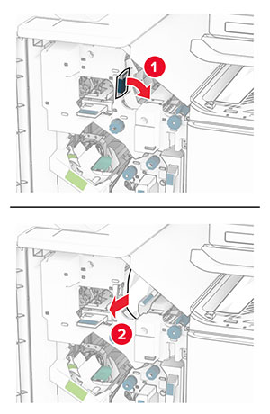 Handle R3 in the finisher is moved, and then jammed paper is removed from behind handle R3.