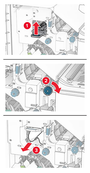 The handle and the knob are lifted and turned, and then jammed paper is removed from inside handle R4.