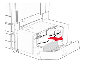 The jammed paper in the 1500-sheet tray is removed.