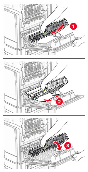 Jammed paper in the duplex unit is removed.