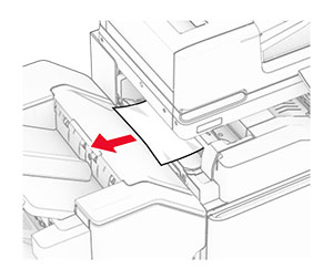 Jammed paper is removed from the paper transport bin.