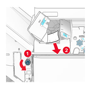 Knob R2 in the finisher is turned to the left, and then jammed paper is removed from between doors N4 and N5.