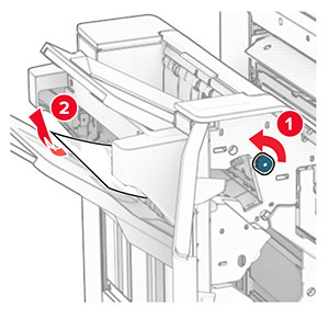 Knob R3 in the finisher is turned to the left, and then jammed paper is removed from the staple, hole punch, offset bin.