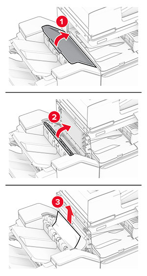 Door I and door R1 of the finisher are opened, and then jammed paper is removed from the finisher.