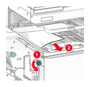 Knob R2 in the finisher is turned to the left, and then jammed paper is removed from inside paper transport cover F.