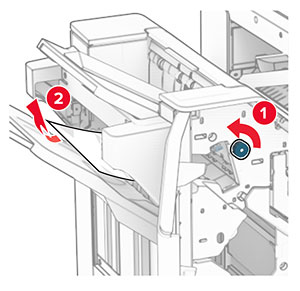 Knob R3 in the finisher is turned to the left, and then jammed paper is removed from the staple, hole punch, offset bin.