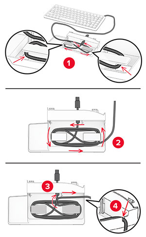 The keyboard cable is looped and stored inside the keyboard shelf.
