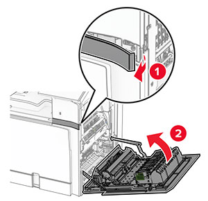 The front cover is removed from the printer, and then door B is closed.