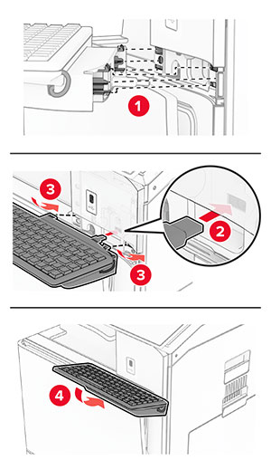 The keyboard shelf is aligned, the cable is connected, and then the shelf is attached to the printer.