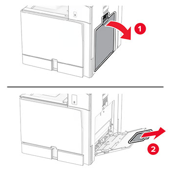 The multipurpose feeder at the right side is pulled down and the paper support is extended.