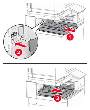 The offset stacker is aligned, and then inserted into the printer.