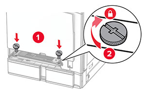 The screws are aligned to the tray base, and then turned clockwise.