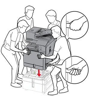 The printer is aligned, and then lowered into the optional tray.